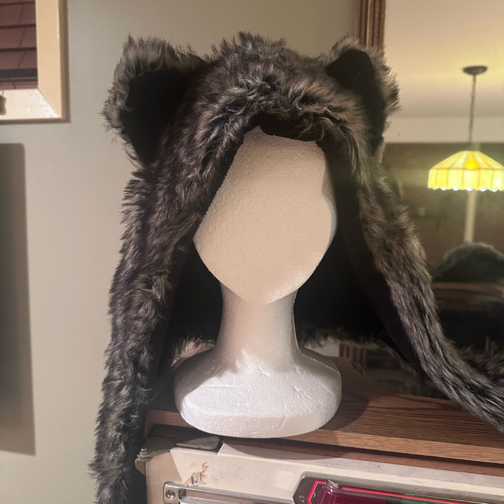 Furry Animal Hood with Scarf - Black and Gray - Pockets too! - Picture 7 of 7